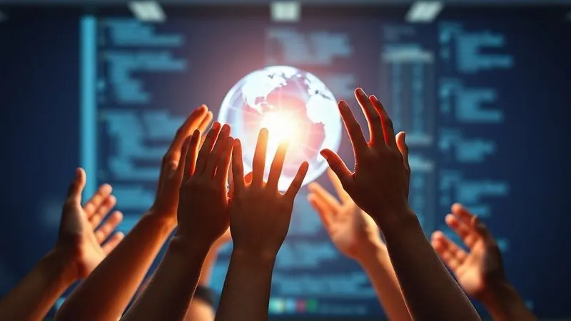 A photorealistic image of a diverse group of hands (representing different ethnicities and ages) reaching towards a central glowing sphere, symbolizing collaboration and community. The background is a blurred, futuristic online learning interface. Cinematic lighting, 8K, sharp focus on the hands and sphere, depth of field.