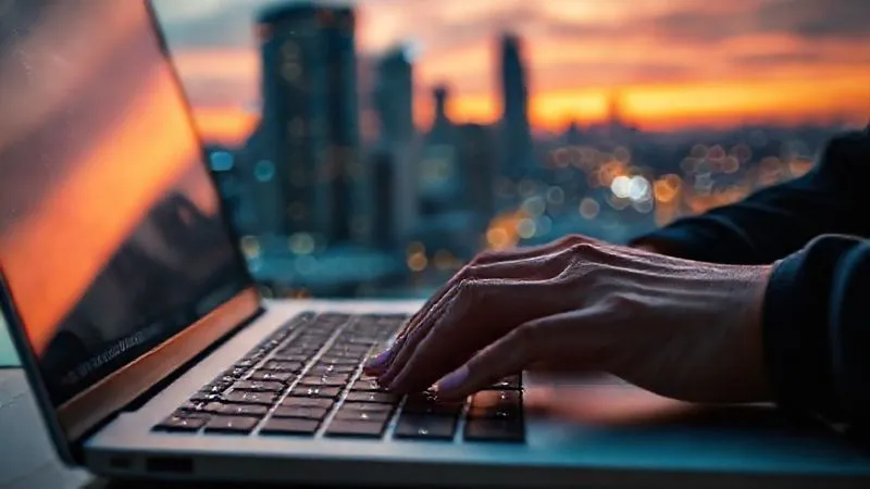 A photorealistic close-up of a digital nomad's hands typing on a laptop keyboard, with a blurred background showing a vibrant cityscape at sunset, professional photography, 8K, cinematic lighting, sharp focus on the hands and keyboard, depth of field blurring the background, shot on a high-end DSLR.