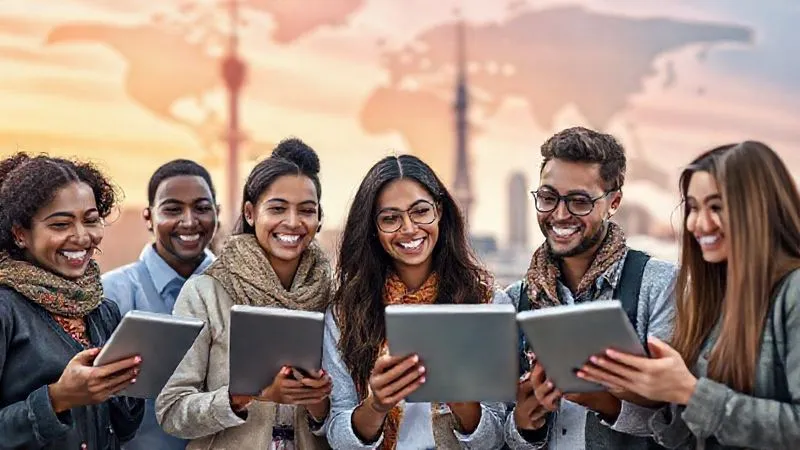 A photorealistic image of a diverse group of digital nomads, each with a tablet, engaged in a collaborative virtual activity. They are smiling and interacting, with a vibrant, blurred background of different global landmarks. Professional photography, 8K, cinematic lighting, sharp focus on the group's faces and tablets, depth of field blurring the background, shot on a high-end DSLR.