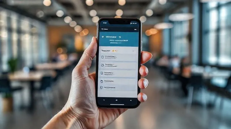 A photorealistic image of a person's hand holding a smartphone, displaying a user feedback survey with star ratings and comment boxes, set against a blurred background of a modern co-working space with digital nomads. Professional photography, 8K, cinematic lighting, sharp focus on the phone screen and hand, depth of field blurring the background, shot on a high-end DSLR.