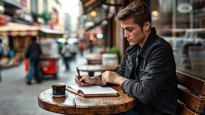 A photorealistic image of a person sitting at a small, rustic wooden table in a vibrant, open-air cafe in a bustling foreign city. The person is looking intently at an open notebook with a pen in hand, a half-finished coffee beside them. In the background, blurred but visible, are street vendors and unique architecture, symbolizing the constant distractions and beauty of nomadic life. Cinematic lighting, sharp focus on the person and notebook, depth of field, 8K hyper-detailed.