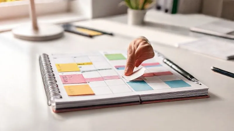 A photorealistic, professional photography, 8K, cinematic lighting, sharp focus, depth of field, shot on a high-end DSLR of a modular study planner laid out on a clean desk. The planner uses colorful sticky notes and small cards, each representing a 'micro-module' of learning. A hand is gently moving one of the cards, illustrating flexibility and adaptation. The background is a minimalist, bright workspace with a hint of nature outside a window.