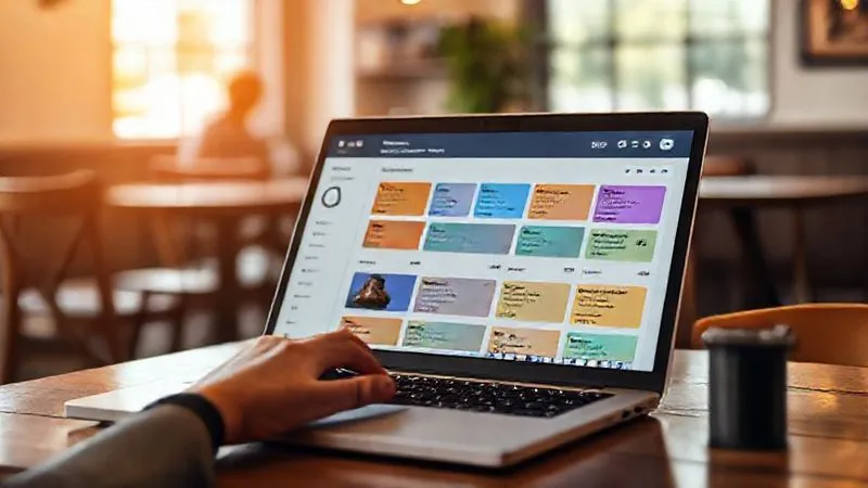 A photorealistic, professional photography, 8K, cinematic lighting, sharp focus, depth of field, shot on a high-end DSLR of a clean, minimalist laptop screen displaying a Notion dashboard organized with colorful cards for different learning modules and projects. A hand is interacting with a mouse, pointing to a 'completed' task. The background is a slightly blurred, cozy co-working space in a cafe setting, emphasizing the blend of technology and nomadic life.