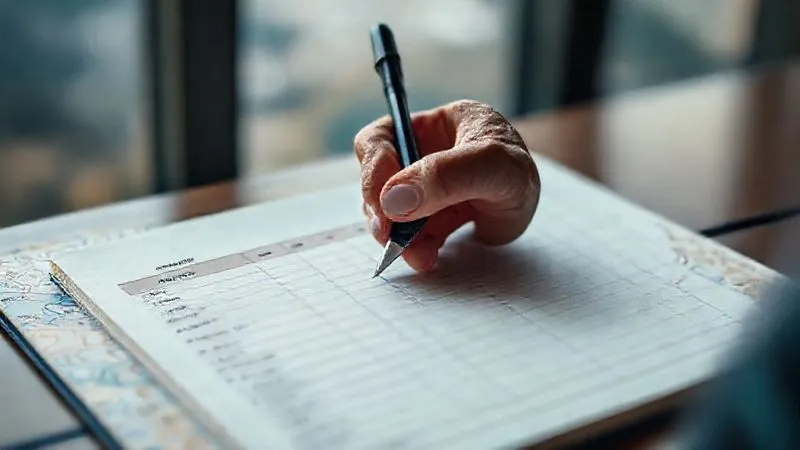 A photorealistic, professional photography, 8K, cinematic lighting, sharp focus, depth of field, shot on a high-end DSLR of a person's hand using a pen to mark progress on a minimalist paper tracker or bullet journal. The tracker shows weekly goals and completed tasks, with a subtle background of a travel map or a blurred scenic view, symbolizing the journey of continuous improvement for a nomad.