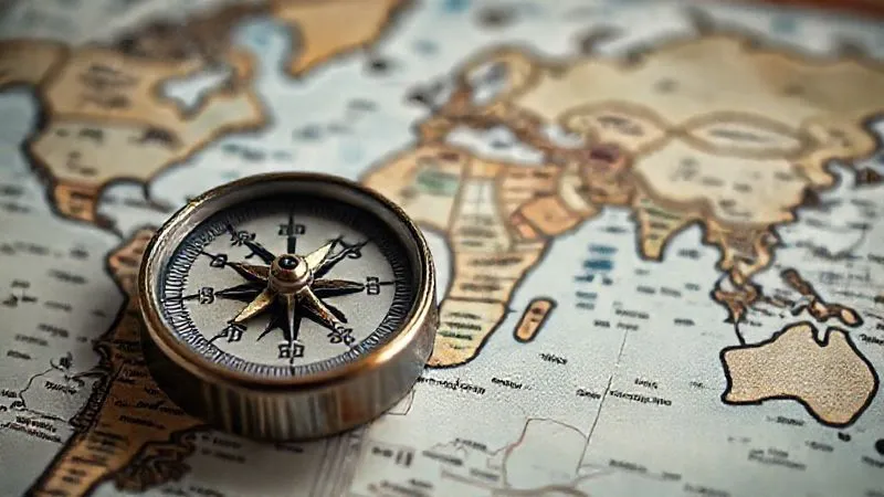 A close-up, photorealistic image of a vintage compass pointing north on a world map, with blurred international currency in the background, symbolizing financial direction and global travel. Cinematic lighting, sharp focus, depth of field, 8K hyper-detailed, professional photography, shot on a high-end DSLR.