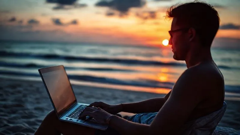 A photorealistic image of a person working on a laptop on a beach, with a backdrop of a serene sunset over the ocean. The person is focused but relaxed, symbolizing the freedom and productivity of a digital nomad. Cinematic lighting, sharp focus on the laptop and person, depth of field blurring the background, 8K hyper-detailed, professional photography, shot on a high-end DSLR.