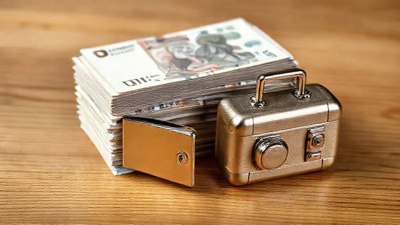 A photorealistic image of a stack of international currency bills, neatly organized, with a small, sturdy lockbox partially open next to it, on a minimalist wooden surface. The scene conveys financial security and preparedness for global travel. Cinematic lighting, sharp focus on the currency and lockbox, depth of field blurring the background, 8K hyper-detailed, professional photography, shot on a high-end DSLR.