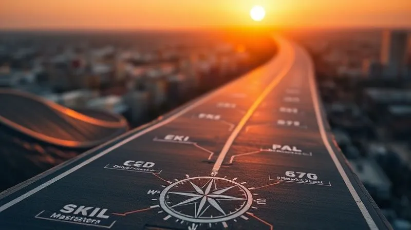 A photorealistic image of a detailed career roadmap, with various skill nodes and pathways, a compass pointing towards a clear goal at the horizon. Soft, warm lighting, sharp focus on the roadmap elements, depth of field blurring a distant cityscape. Shot on a high-end DSLR, 8K hyper-detailed.