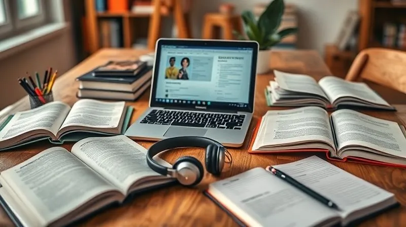 A photorealistic image of a diverse set of learning materials spread across a wooden table: a laptop displaying an online course, open textbooks, a pair of headphones for a podcast, and a notebook with handwritten notes. Cinematic lighting, sharp focus on the learning tools, depth of field blurring a cozy home office background. Shot on a high-end DSLR, 8K hyper-detailed.