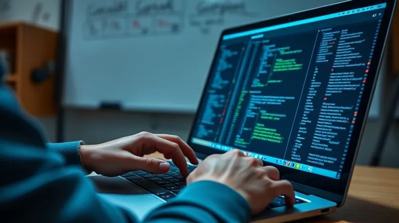 A photorealistic image of a person intensely focused on a complex coding project on a laptop, with multiple screens displaying data and diagrams. Hands are actively typing, and a whiteboard in the background shows problem-solving flowcharts. Cinematic lighting, sharp focus on the coding activity, depth of field blurring the background. Shot on a high-end DSLR, 8K hyper-detailed.