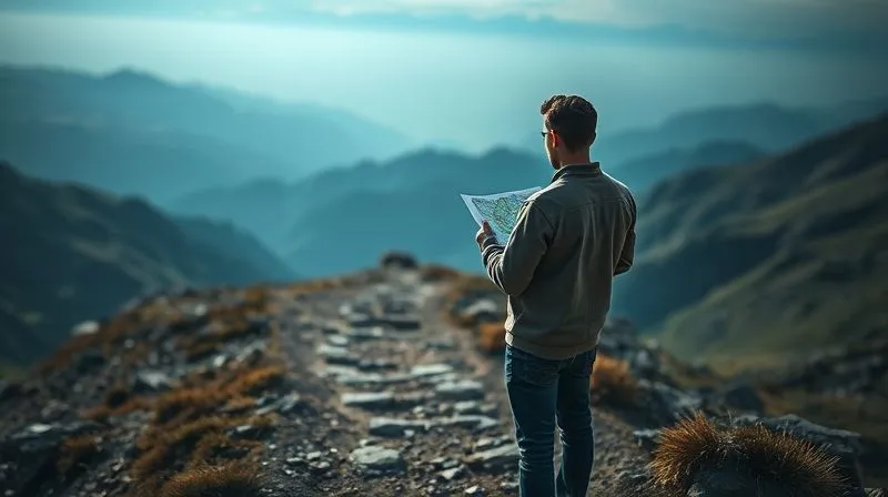 A photorealistic image of a person standing at a crossroads on a mountain path, looking at a map with a compass. The path ahead branches into different directions, and the person is thoughtfully considering the best route. Dramatic lighting, sharp focus on the person and map, depth of field showing a vast, evolving landscape. Shot on a high-end DSLR, 8K hyper-detailed.