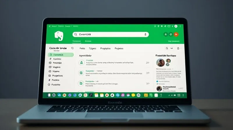 A photorealistic screenshot of a clean and organized Evernote interface on a laptop screen, showing a "Caixa de Entrada" notebook, several topic-based tags like "Aprendizado", "Viagens", "Projetos", and a search bar actively highlighted. The overall aesthetic is minimalist and efficient, with cinematic lighting and sharp focus on the digital elements, 8K, professional photography, shot on a high-end DSLR.