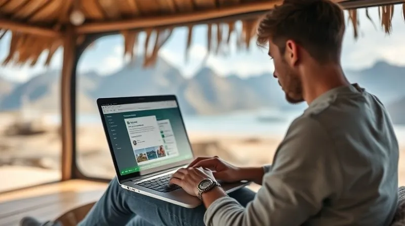 A photorealistic image of a digital nomad working on a sleek laptop in a remote, scenic location – perhaps a tranquil beach hut or a mountain lodge with a large window overlooking a breathtaking landscape. The laptop screen displays the Evernote interface, possibly with an IFTTT integration pop-up. Cinematic lighting, sharp focus on the person and the laptop, depth of field blurring the beautiful background. Professional photography, 8K, shot on a high-end DSLR, conveying freedom, focus, and seamless productivity amidst travel.