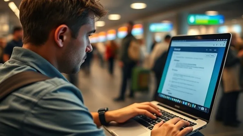 A photorealistic image of a person focused on a laptop in a busy airport lounge, perhaps with a backdrop of boarding gates and diverse travelers. The laptop screen clearly shows the Evernote interface, indicating productivity amidst the chaos of travel. Cinematic lighting, sharp focus on the individual and screen, with a subtle depth of field blurring the background. Professional photography, 8K, shot on a high-end DSLR, conveying resilience and efficiency in a challenging environment.