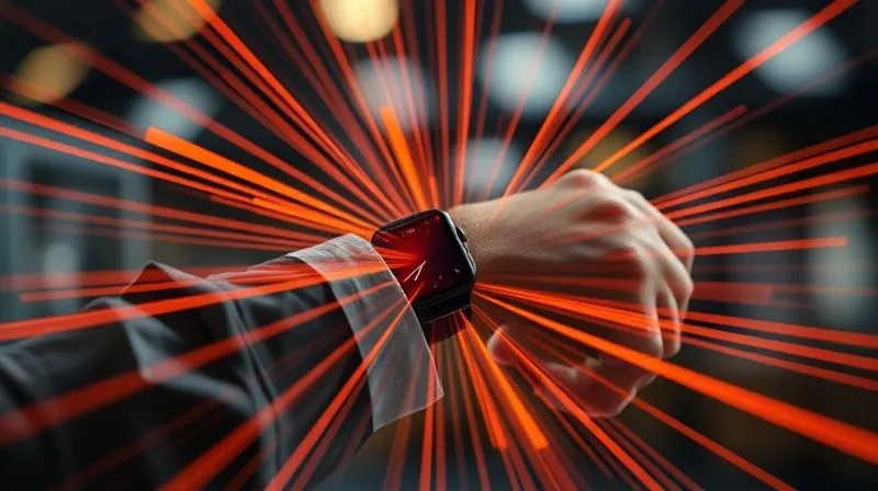 A photorealistic image of a person checking their smartwatch, with vibrant energy lines radiating from them, symbolizing peak productivity times. Professional photography, 8K, cinematic lighting, sharp focus, depth of field, shot on a high-end DSLR.