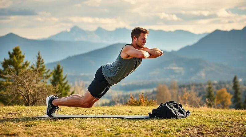 A photorealistic image of a digital nomad doing simple bodyweight exercises (like planks or squats) in a scenic outdoor location (e.g., a park overlooking a mountain range), laptop bag nearby. Professional photography, 8K, cinematic lighting, sharp focus, depth of field, shot on a high-end DSLR.
