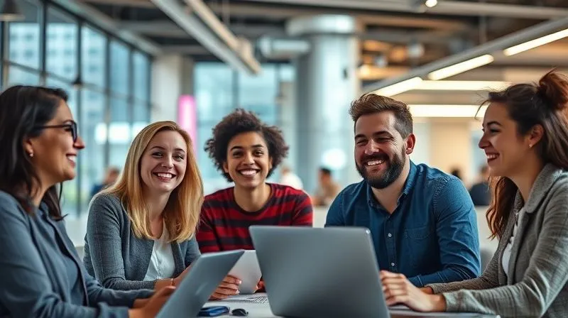 A photorealistic image of a diverse group of digital nomads smiling and collaborating in a modern, brightly lit co-working space in a bustling city. Professional photography, 8K, cinematic lighting, sharp focus, depth of field, shot on a high-end DSLR.