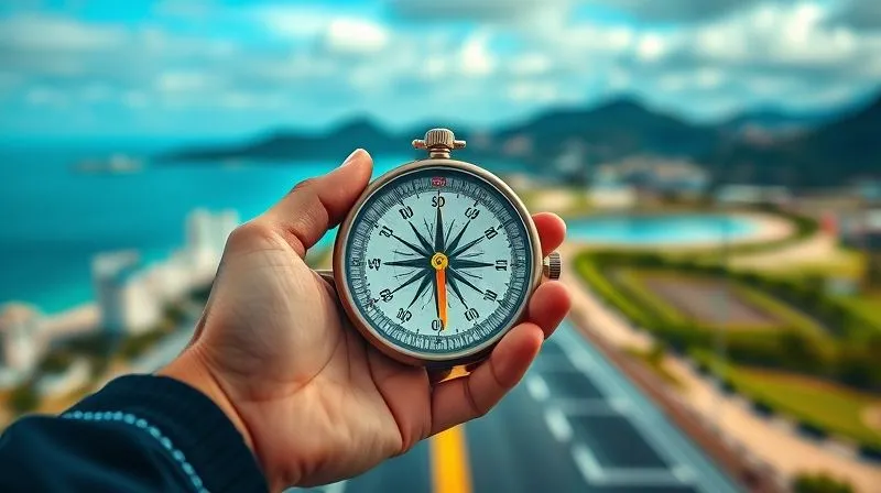 A photorealistic image of a hand holding a compass, pointing towards an open roadmap, with a blurred background of diverse landscapes (city, beach, mountains), symbolizing adaptability and planning. Professional photography, 8K, cinematic lighting, sharp focus, depth of field, shot on a high-end DSLR.