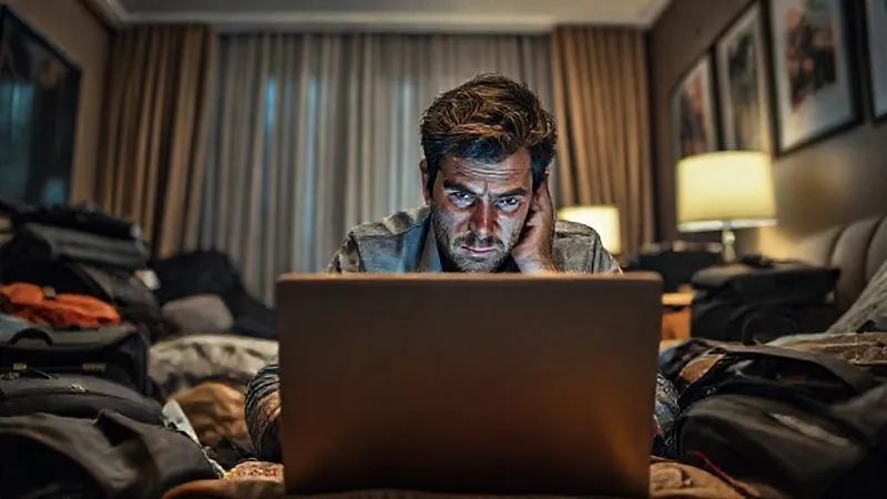 A photorealistic image of a person looking exhausted and stressed, hunched over a laptop in a chaotic hotel room, surrounded by travel gear, with dark circles under their eyes. Cinematic lighting, sharp focus, 8K, shot on a high-end DSLR.