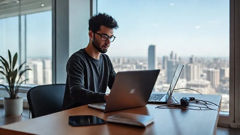 A photorealistic image of a minimalist yet highly functional temporary workspace set up in a bright, airy co-working space with large windows overlooking a vibrant city. A focused digital nomad works on a laptop, surrounded by essential tech. Professional photography, 8K, cinematic lighting, sharp focus, depth of field, shot on a high-end DSLR.