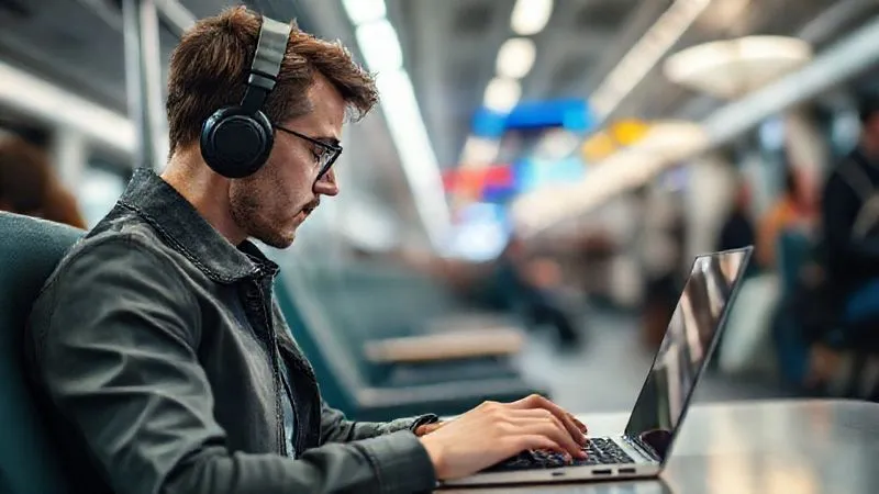 A photorealistic image of a focused digital nomad, wearing noise-cancelling headphones, working intently on a laptop in a bustling but aesthetically pleasing public space (like a train or airport lounge), with the background slightly blurred to emphasize focus. Professional photography, 8K, cinematic lighting, sharp focus, depth of field, shot on a high-end DSLR.