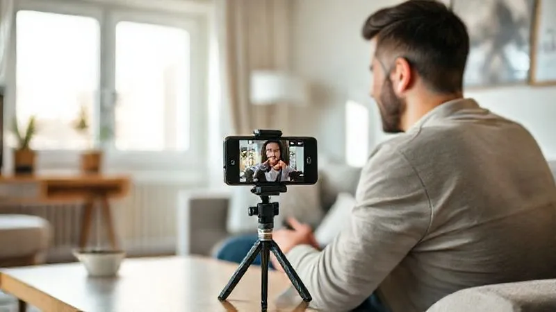 A photorealistic image of a digital nomad recording a video lesson inside a beautifully decorated, minimalist Airbnb living room. The smartphone is mounted on a small tripod on a coffee table, focused on the person who is speaking directly to the camera with a warm, engaging expression. Soft, natural light from a window illuminates the scene. Sharp focus on the person and smartphone, depth of field blurring the background slightly. 8K hyper-detailed, shot on a high-end DSLR.