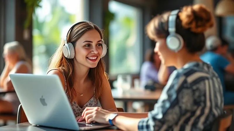 A photorealistic image of a digital nomad sitting in a cozy, sunlit cafe in Bali, looking at a laptop screen with a webinar interface. She's wearing headphones and smiling, actively participating, with a blurred backdrop of other diverse digital nomads. Cinematic lighting, 8K, sharp focus, depth of field, professional photography, shot on a high-end DSLR.