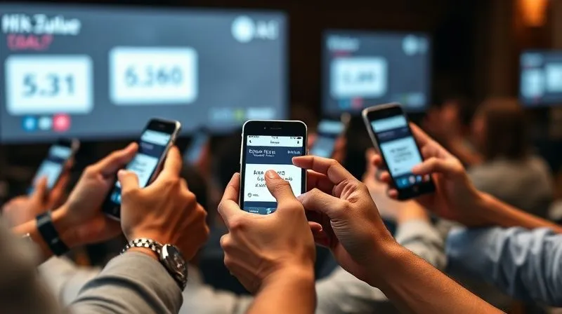 A photorealistic, professional photography image of a diverse group of hands, each holding a smartphone or tablet, interacting with a digital poll or Q&A interface on a webinar. The screens show different time zones or languages. Cinematic lighting, 8K, sharp focus on the devices, depth of field, shot on a high-end DSLR.