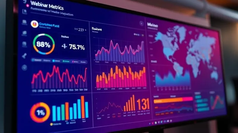 A photorealistic image of a dashboard displaying various webinar metrics: attendance rates, engagement scores, conversion funnels, and participant demographics, all trending upwards. The screen is vibrant and detailed, with a subtle background of a global map. Cinematic lighting, 8K, sharp focus on the data, depth of field, professional photography, shot on a high-end DSLR.