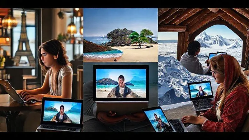 A photorealistic image showing a collage of diverse digital nomads from different parts of the world (e.g., a woman in a cafe in Paris, a man on a beach in Thailand, a couple in a mountain cabin in Patagonia), all engaged with their laptops or tablets, each screen displaying a professional webinar. The image should convey global connectivity and the pursuit of knowledge across various time zones and locations. Cinematic lighting, sharp focus on the individuals and their devices, with a soft depth of field for the background, 8K hyper-detailed, professional photography, shot on a high-end DSLR.