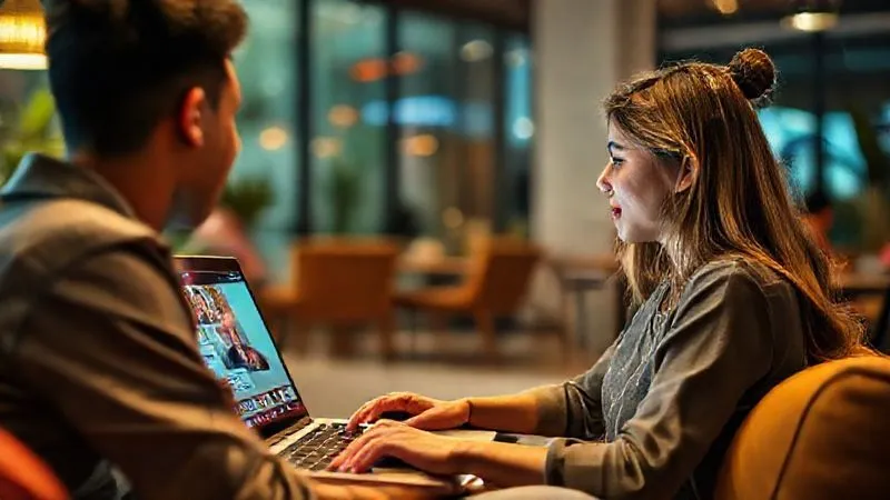 A photorealistic image of a young digital nomad, sitting comfortably in a vibrant co-working space in Bali, intently focused on a laptop screen displaying a live, interactive webinar. Her hand is raised, indicating participation, and a chat window is visible with lively discussion. The atmosphere is energetic and collaborative, with cinematic lighting highlighting her engaged expression. Sharp focus on her and the screen, with a soft depth of field for the background. 8K hyper-detailed, professional photography, shot on a high-end DSLR.