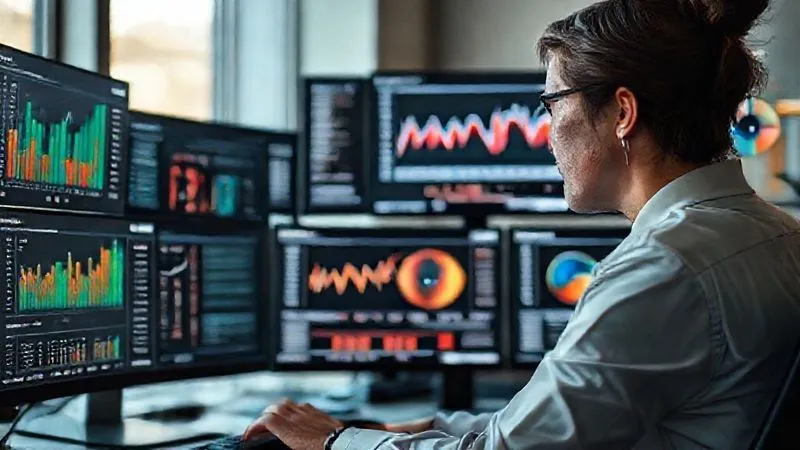 A photorealistic image of a professional data analyst, possibly a digital nomad herself, intently reviewing various data visualizations (bar charts, line graphs, pie charts) on multiple screens. The screens display metrics related to webinar performance: registration rates, attendance, engagement scores, and conversion funnels. The setting is a modern, minimalist workspace with natural light. Cinematic lighting, sharp focus on the data and the analyst's thoughtful expression, with a soft depth of field for the background. 8K hyper-detailed, professional photography, shot on a high-end DSLR.