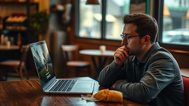 A photorealistic image of a digital nomad sitting in a cozy, slightly rustic cafe, looking frustrated at a laptop screen showing a buffering video. The laptop has a 'no signal' icon. The person's expression is one of exasperation, with a half-eaten pastry on the table. Cinematic lighting, sharp focus on the person and laptop, depth of field blurring the cafe background, 8K hyper-detailed, professional photography, shot on a high-end DSLR.