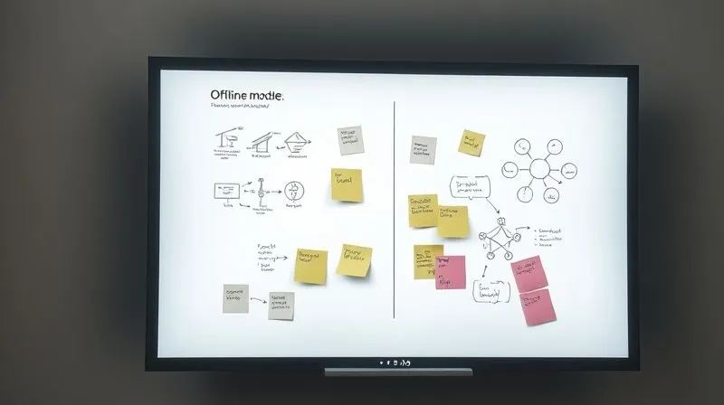 A photorealistic image of a sleek, minimalist user interface of a collaborative whiteboard application, showing various sticky notes and diagrams. The screen subtly displays a 'offline mode' indicator, with elements hinting at later synchronization. The focus is on clarity and functionality, not heavy graphics. Cinematic lighting, sharp focus, depth of field, 8K hyper-detailed, professional photography, shot on a high-end DSLR.