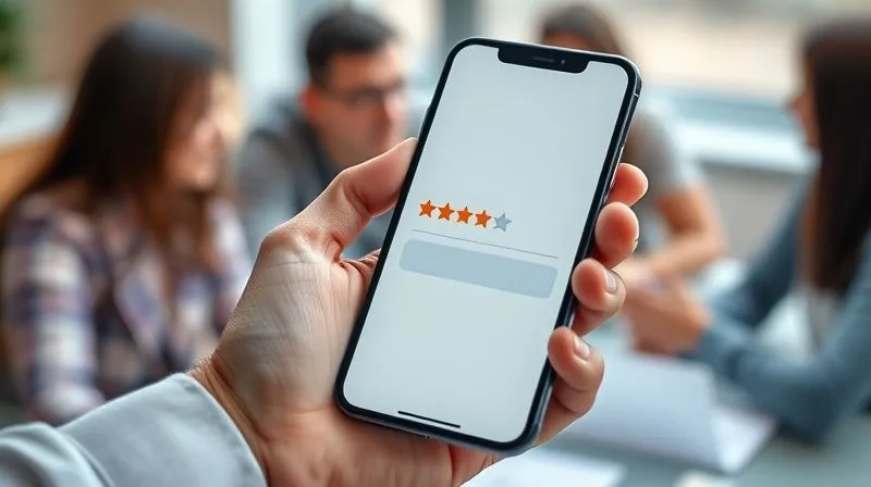 A photorealistic image of a person's hand holding a smartphone, with the screen displaying a simple, intuitive feedback form with star ratings and a text box. The background is slightly blurred, showing a collaborative workspace. The focus is on the act of giving feedback. Cinematic lighting, sharp focus, depth of field, 8K hyper-detailed, professional photography, shot on a high-end DSLR.