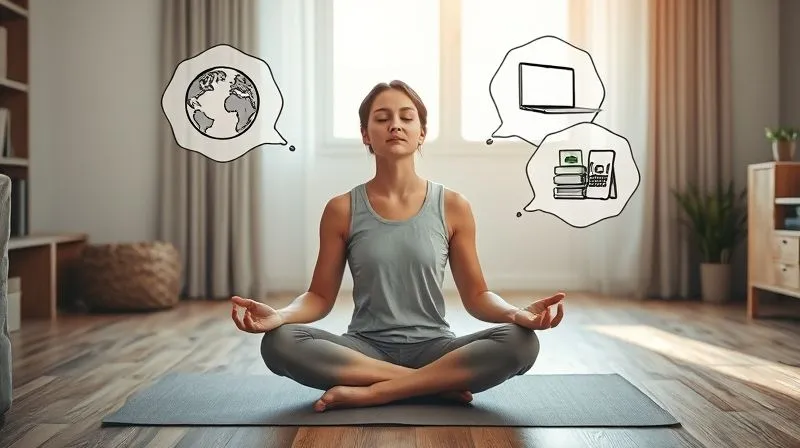 A photorealistic image of a person sitting cross-legged on a yoga mat in a minimalist apartment, eyes closed in deep meditation, surrounded by abstract thought bubbles containing icons of globes, laptops, books, and money, representing their career aspirations and inner reflection. Soft, natural light streams through a window. Professional photography, 8K, cinematic lighting, sharp focus on the person, depth of field blurring the background, shot on a high-end DSLR.