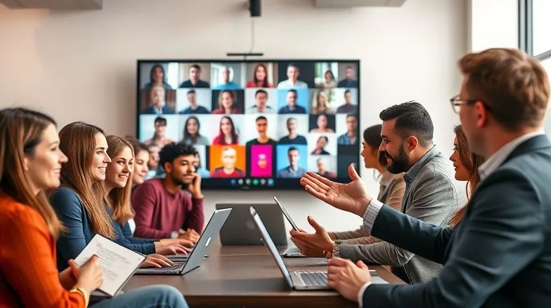 A photorealistic image of a diverse group of young professionals, some with laptops, participating in an online workshop, their faces visible in a grid on a large monitor. One person is actively taking notes, another is asking a question, and the instructor is visible in the main frame, gesturing enthusiastically. The setting is a modern, bright co-working space. Professional photography, 8K, cinematic lighting, sharp focus on the participants, depth of field blurring the background, shot on a high-end DSLR.