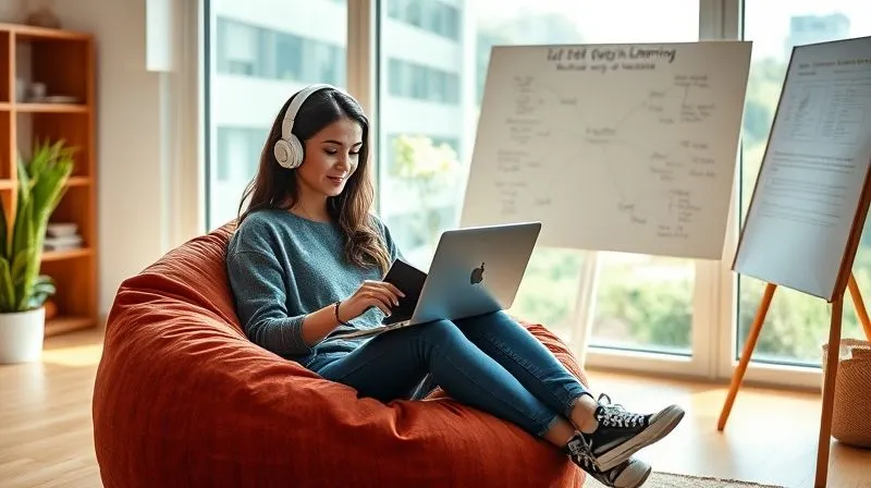 A photorealistic image of a digital nomad, a young woman, sitting comfortably on a beanbag chair in a minimalist, sunlit apartment with large windows overlooking a green landscape. She has a laptop open, an e-reader in one hand, and a pair of headphones on, actively engaged in learning from multiple sources. A whiteboard in the background has a mind map of new skills. Professional photography, 8K, cinematic lighting, sharp focus on the woman and her devices, depth of field blurring the background, shot on a high-end DSLR.