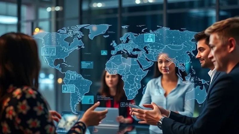 A photorealistic image of a diverse global team collaborating seamlessly through a holographic interface, displaying project timelines, video calls, and shared documents. The scene is futuristic but grounded in reality, with clear, vibrant data streams connecting people across different time zones. Cinematic lighting emphasizes connection and clarity. 8K, professional photography, sharp focus on the interconnectedness, depth of field blurring individual faces slightly to highlight the collective effort. Shot on a high-end DSLR.