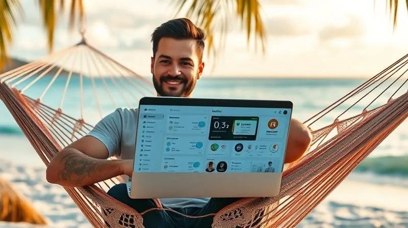 A photorealistic image of a digital nomad sitting comfortably in a hammock on a tropical beach, with a laptop open displaying a dashboard of project management tools and communication apps. The nomad has a relaxed yet focused expression, effortlessly managing tasks. Cinematic lighting with a golden hour glow, sharp focus on the laptop screen and the nomad, depth of field blurring the background ocean. 8K, professional photography, shot on a high-end DSLR.