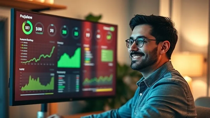 A photorealistic image of a confident digital nomad, perhaps in a well-lit home office, looking at a large monitor displaying a clear, green-lighted project dashboard with key performance indicators (KPIs) showing positive progress. Their posture is relaxed but in control, a subtle smile of satisfaction on their face. Cinematic lighting highlights the data, sharp focus on the screen, depth of field blurring the background. 8K, professional photography, shot on a high-end DSLR.
