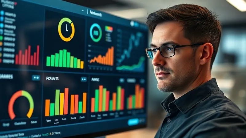 A photorealistic image of a project manager looking at a digital dashboard with clear, easy-to-read metrics and progress bars for various tasks, indicating efficient monitoring without micromanagement. The manager has a calm, confident expression, cinematic lighting, sharp focus on the dashboard, depth of field blurring the office background, 8K hyper-detailed.