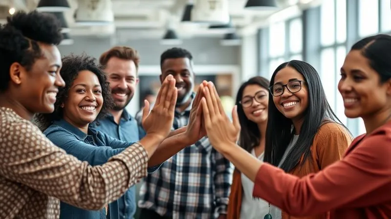 A photorealistic image of a diverse and smiling team celebrating a successful project, high-fiving and genuinely happy. The background is a modern, collaborative office space. Cinematic lighting, sharp focus on the team's faces, depth of field blurring the office, 8K hyper-detailed, conveying a sense of shared accomplishment and trust.