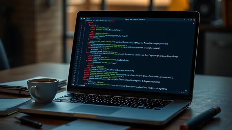 A photorealistic image of a developer's laptop screen displaying a complex Docker Compose configuration file with multiple services, surrounded by notes and coffee. The screen is sharp and legible, with cinematic lighting highlighting the code. 8K hyper-detailed, professional photography, shot on a high-end DSLR.