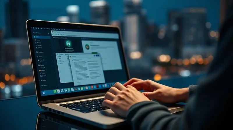 A photorealistic image of a developer's hands typing on a laptop, with multiple virtual machine windows open on the screen, each showing a different environment (e.g., development, staging, production). The background is a blurred cityscape at night, symbolizing a remote work location. Cinematic lighting, sharp focus on hands and screen, 8K hyper-detailed, professional photography, shot on a high-end DSLR.