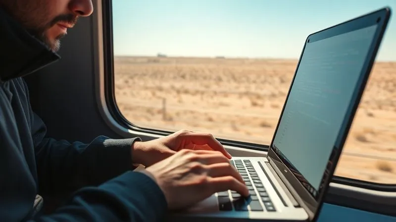 A close-up, photorealistic shot of a developer's hands meticulously typing code and analyzing logs on a laptop screen, inside a train carriage. The train window shows a vast, empty desert landscape under a clear blue sky. The developer's face is partially visible, showing intense focus. Cinematic lighting, sharp focus on the hands and screen, depth of field blurring the background, 8K hyper-detailed, professional photography, shot on a high-end DSLR.