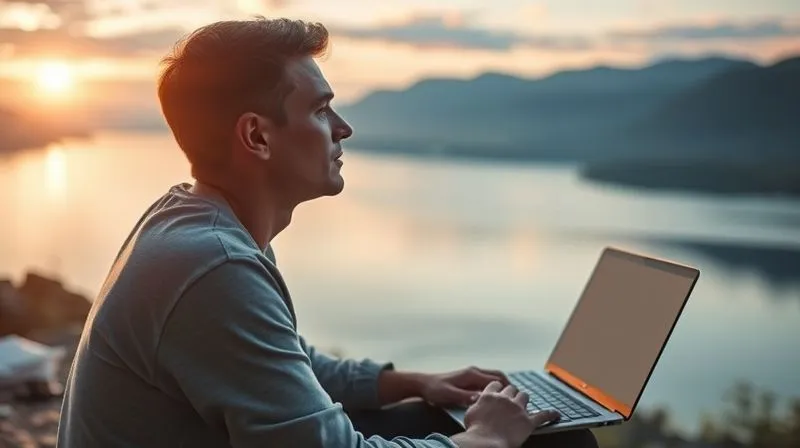 A photorealistic, calming image of a person taking a deep breath and looking out over a serene landscape (e.g., a quiet lake at sunrise, a peaceful mountain view) after a long session of work on a laptop, which is closed beside them. The mood is one of peace and reflection, emphasizing mental well-being for remote workers. Soft, natural lighting, sharp focus on the person and their surroundings, depth of field blurring distant elements, 8K hyper-detailed, professional photography, shot on a high-end DSLR.