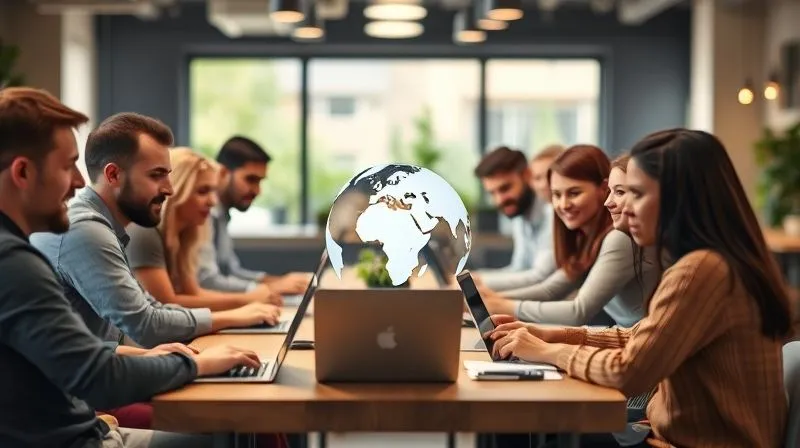 A photorealistic image of a diverse group of digital nomads (various ethnicities and ages) gathered around a communal table in a co-working space, some with laptops, others with tablets, all looking engaged and connected, with a globe icon subtly integrated into the scene. Cinematic lighting, sharp focus on the group, depth of field blurring the background, 8K hyper-detailed, professional photography, shot on a high-end DSLR.
