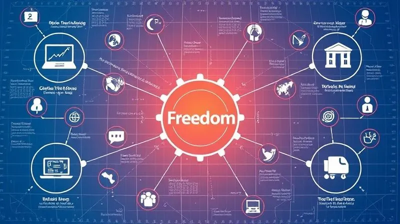 A photorealistic infographic showing the "Blueprint for a Successful Digital Nomad Life," with interconnected nodes representing remote work, travel, community, and personal growth, all leading to a central "Freedom" icon. Vibrant colors, clear icons, cinematic lighting, sharp focus, 8K hyper-detailed, professional photography style, shot on a high-end DSLR.