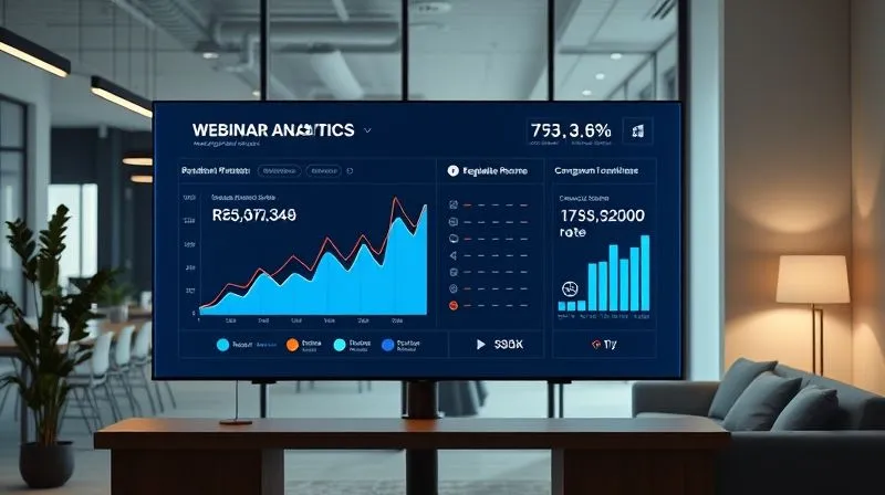 A photorealistic dashboard displaying key webinar analytics: registration rate, attendance rate, engagement score, and conversion rate, with clear upward trends and positive indicators, projected onto a holographic screen in a modern, minimalist co-working space. Cinematic lighting, sharp focus on the data, 8K hyper-detailed, professional photography, shot on a high-end DSLR.